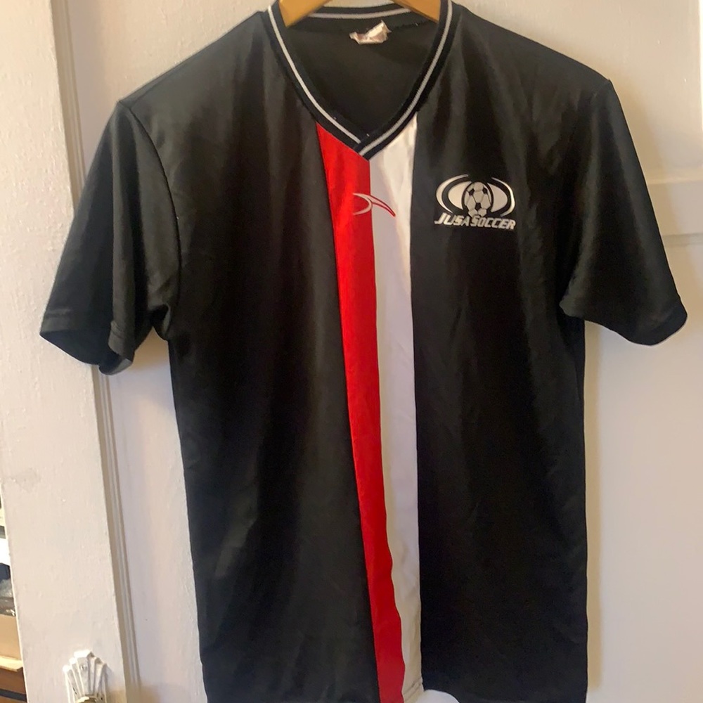 Authentic VINTAGE JUSA SCORE USA SOCCER JERSEY SHIRT #3 TEE SZ L BLACK WHITE RED